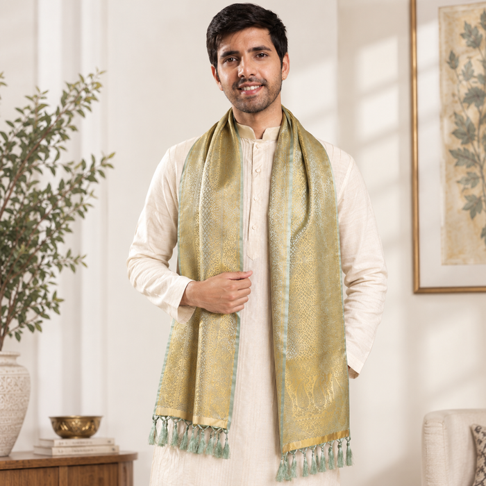 Grey & Gold Leaf Design Silk Men's Scarf