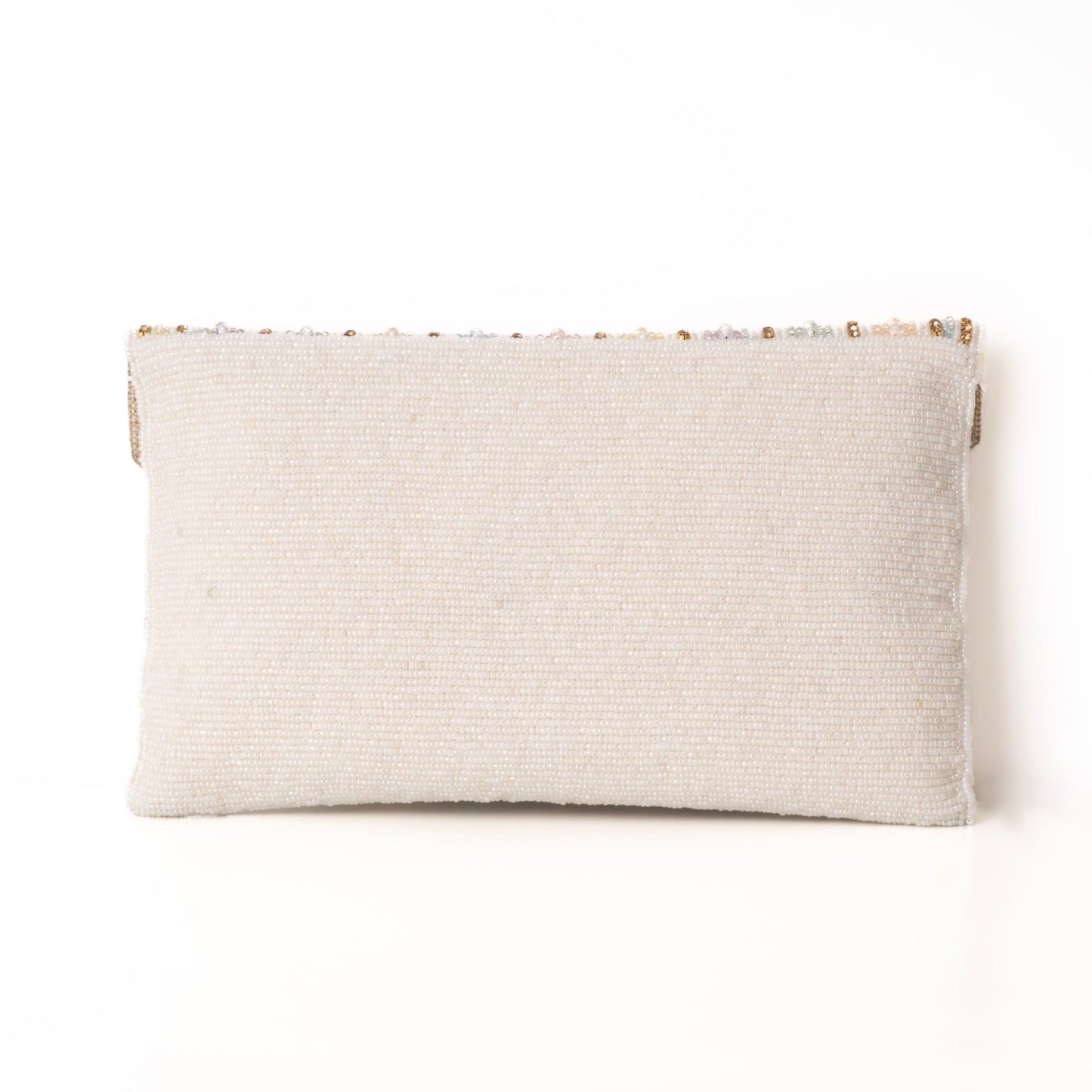Beige clutch bag with gold zipper on a white background