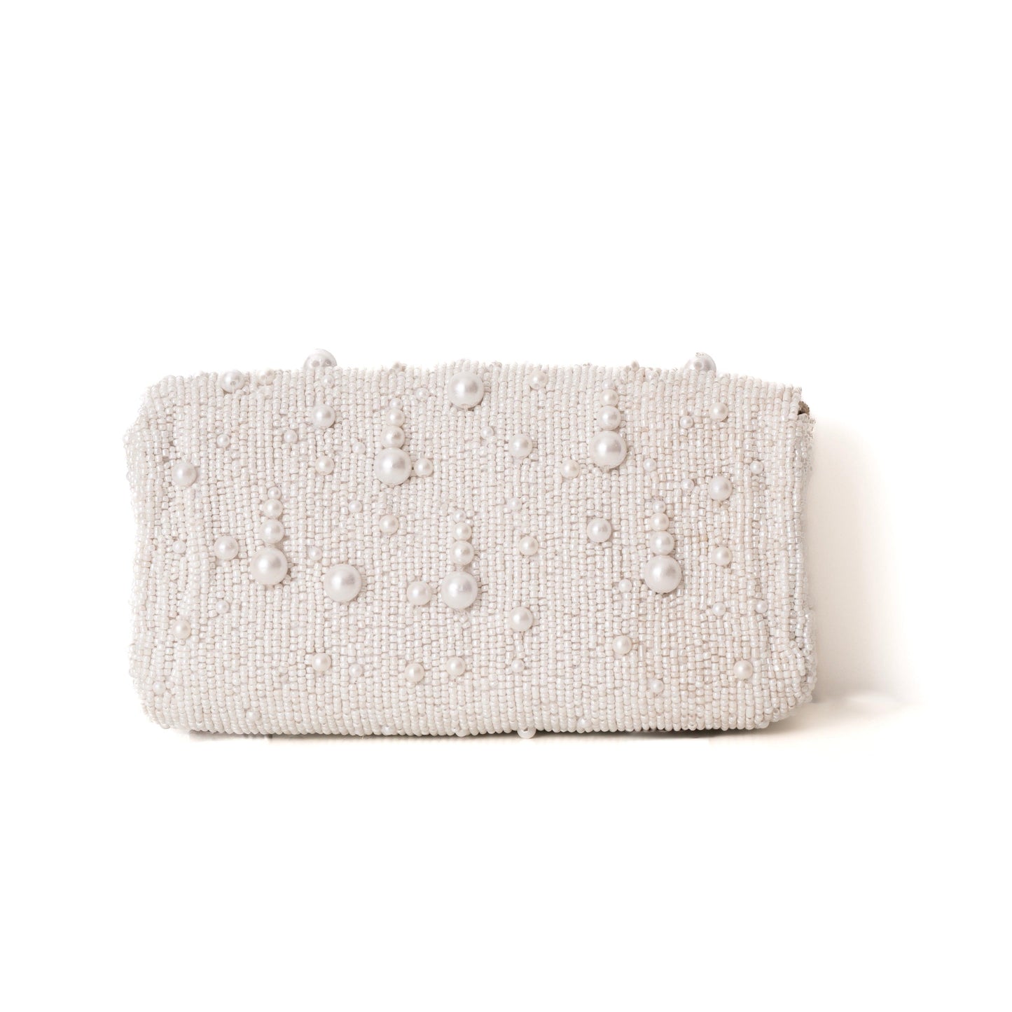 Silver beaded clutch bag on a white background