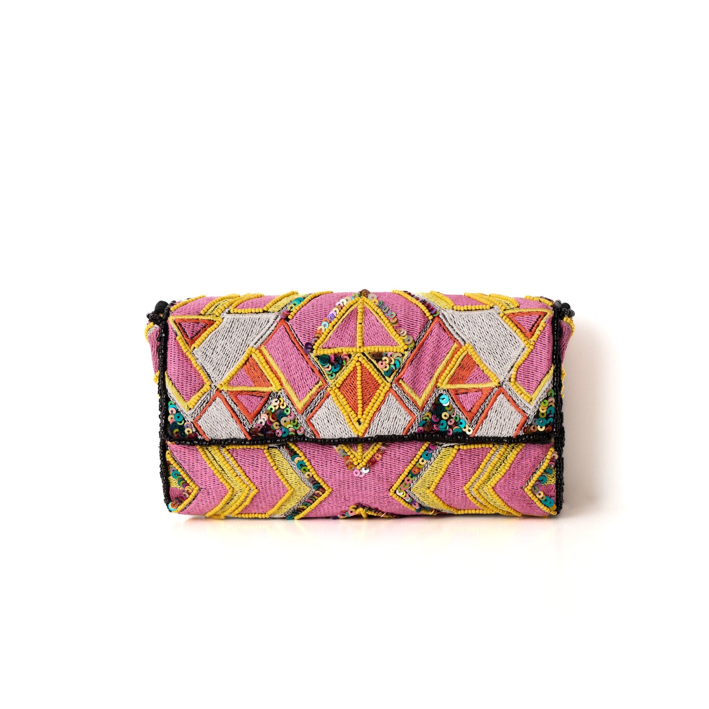 Colorful beaded clutch bag with geometric pattern on a white background