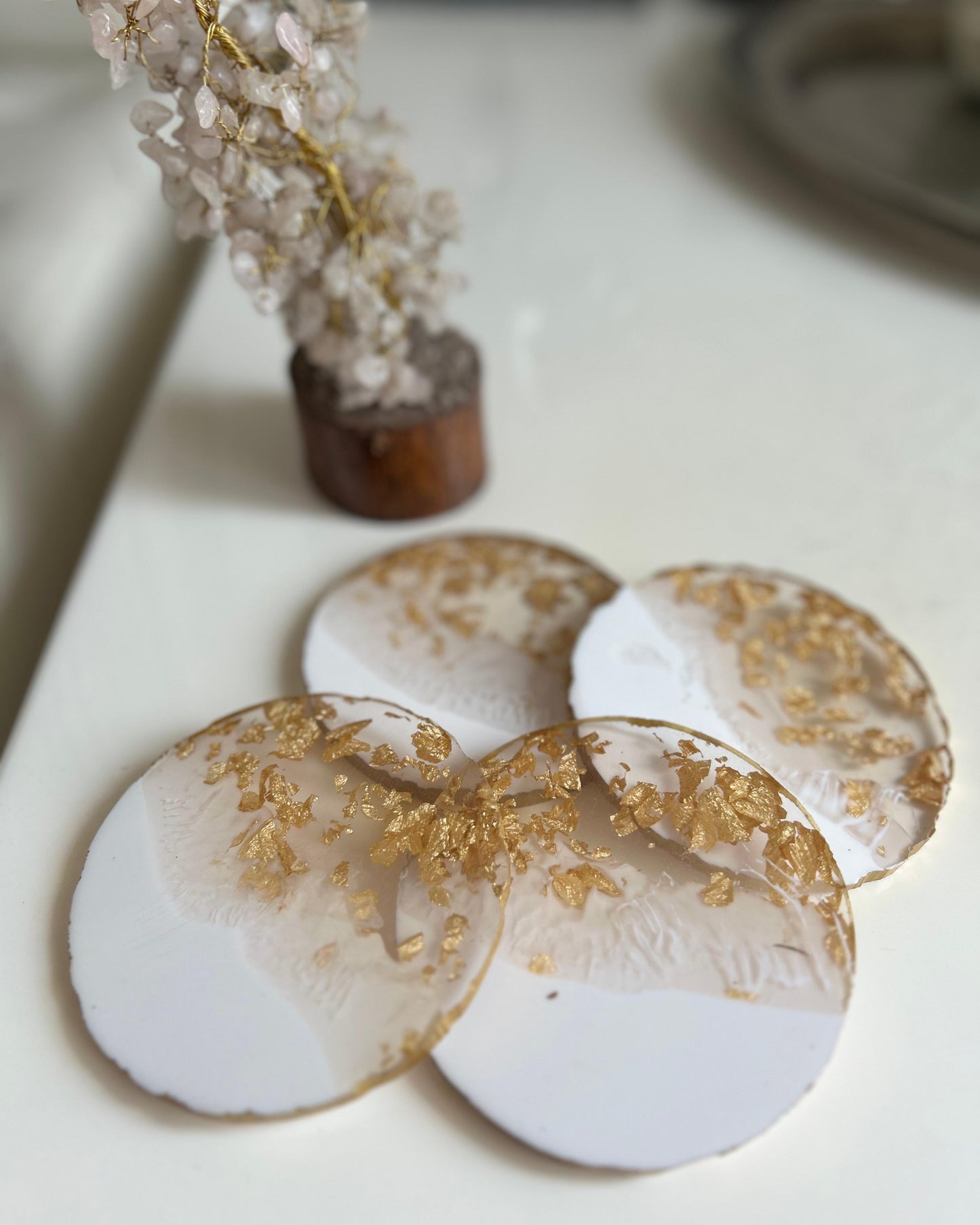 White coasters with gold embellishments on a white surface, with a small decorative plant in the background.
