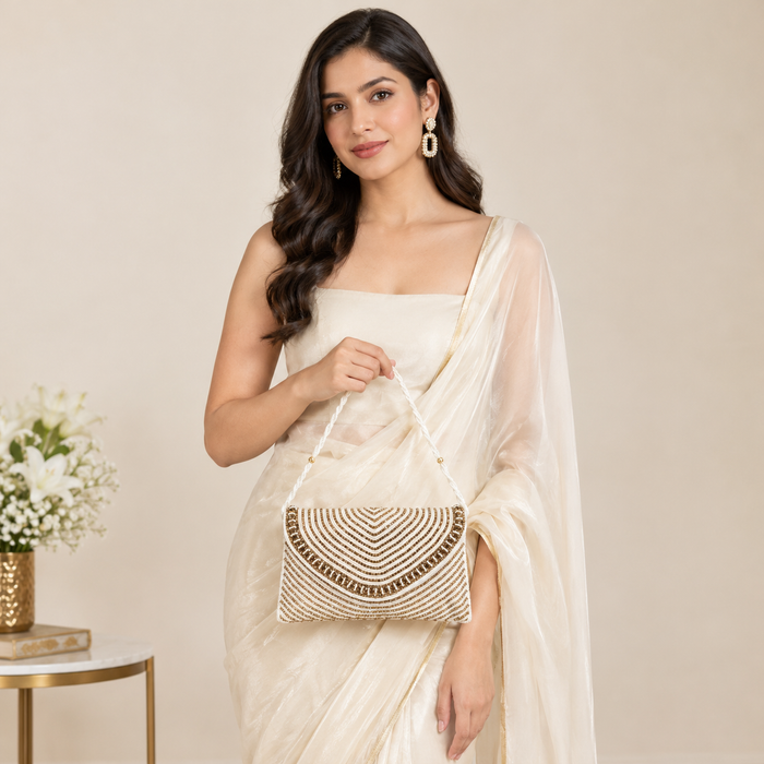 White & Gold Beaded Clutch