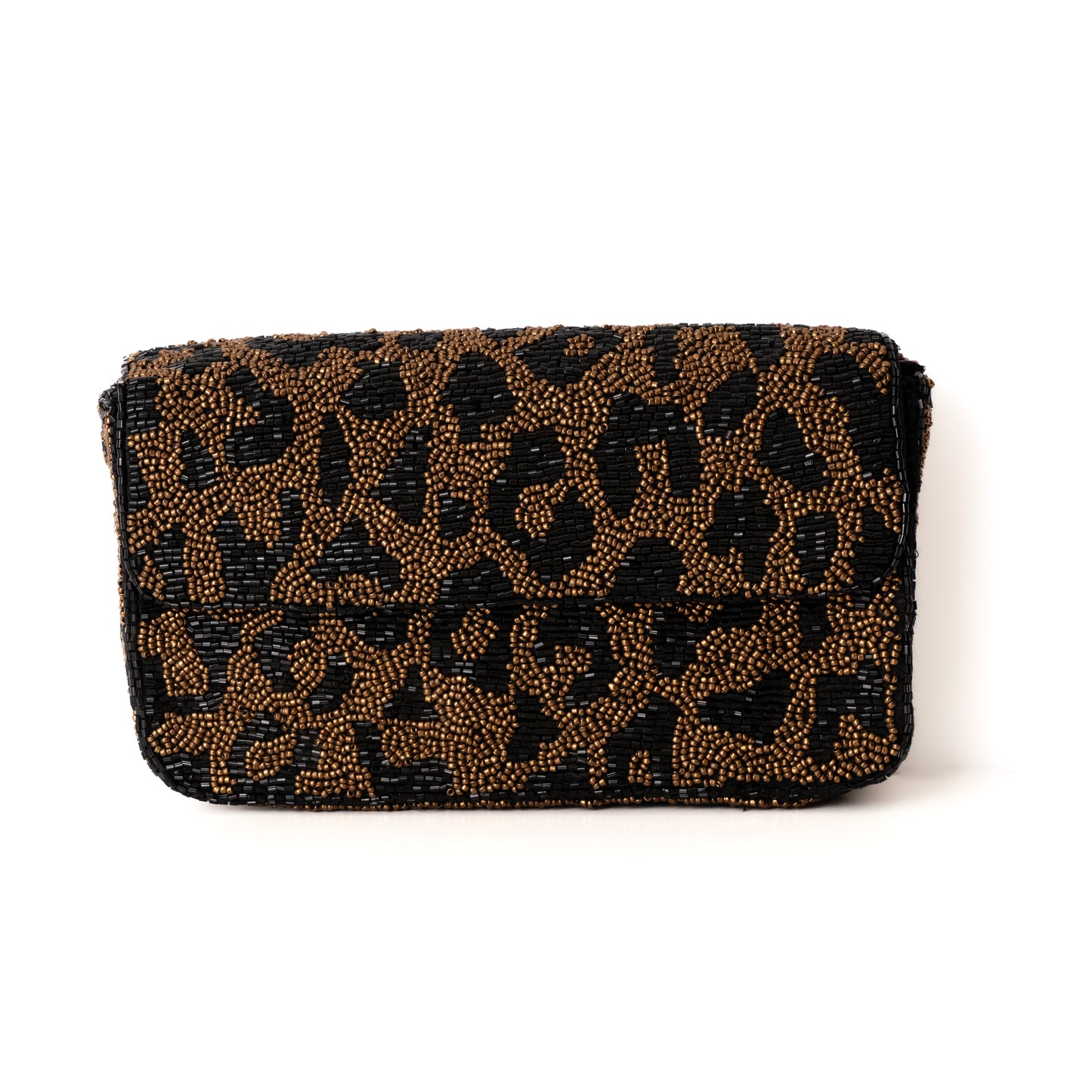 A handcrafted beaded clutch with a leopard print pattern