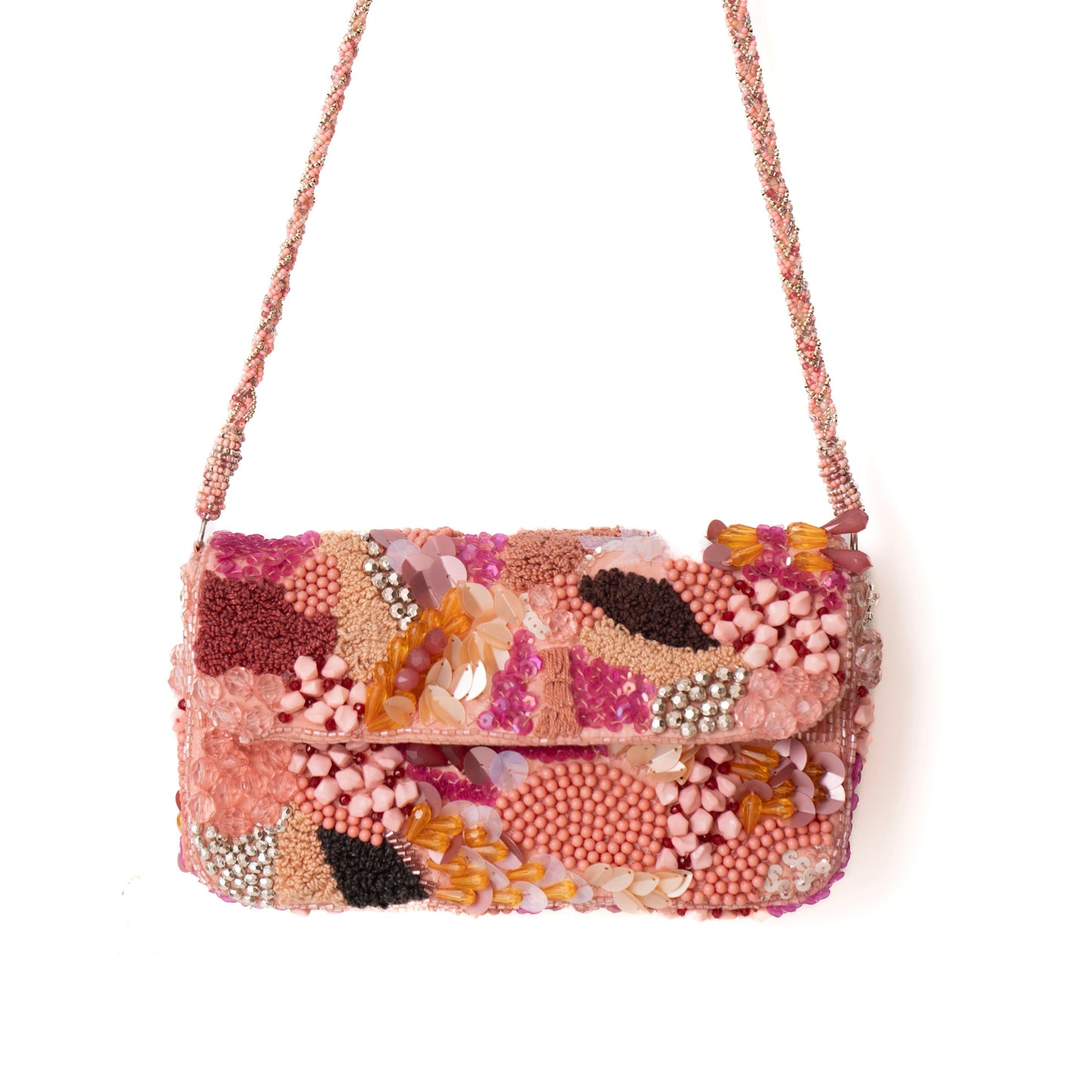 Decorative handbag with beads and sequins on a white background