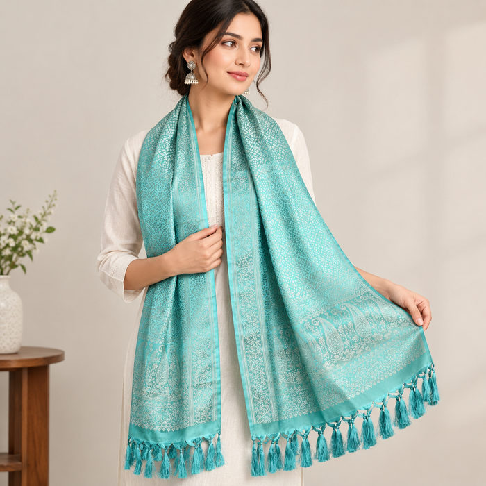 Aqua Heritage Weave Leaf Design Silk Stole