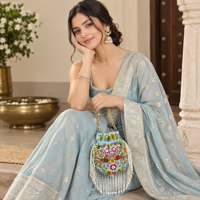 Blue Floral Potli Bag