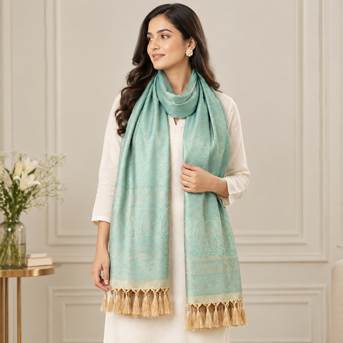 Minted Teal Weave Leaf Silk Stole