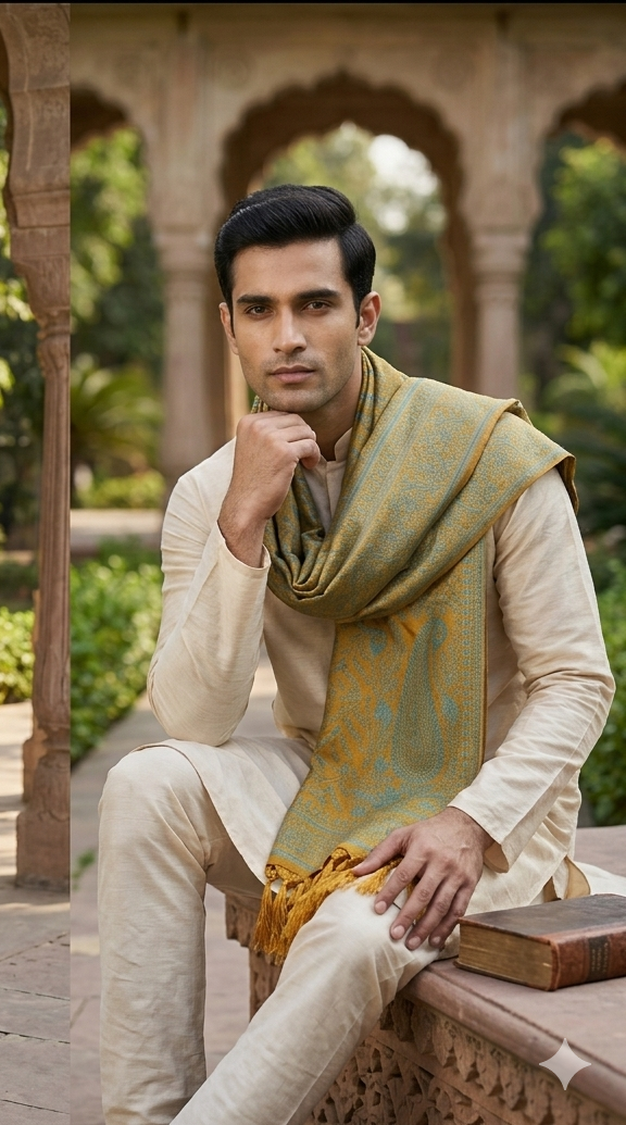 Handwoven Silk Men’s Scarf with Tassels – Golden Teal Floral Design