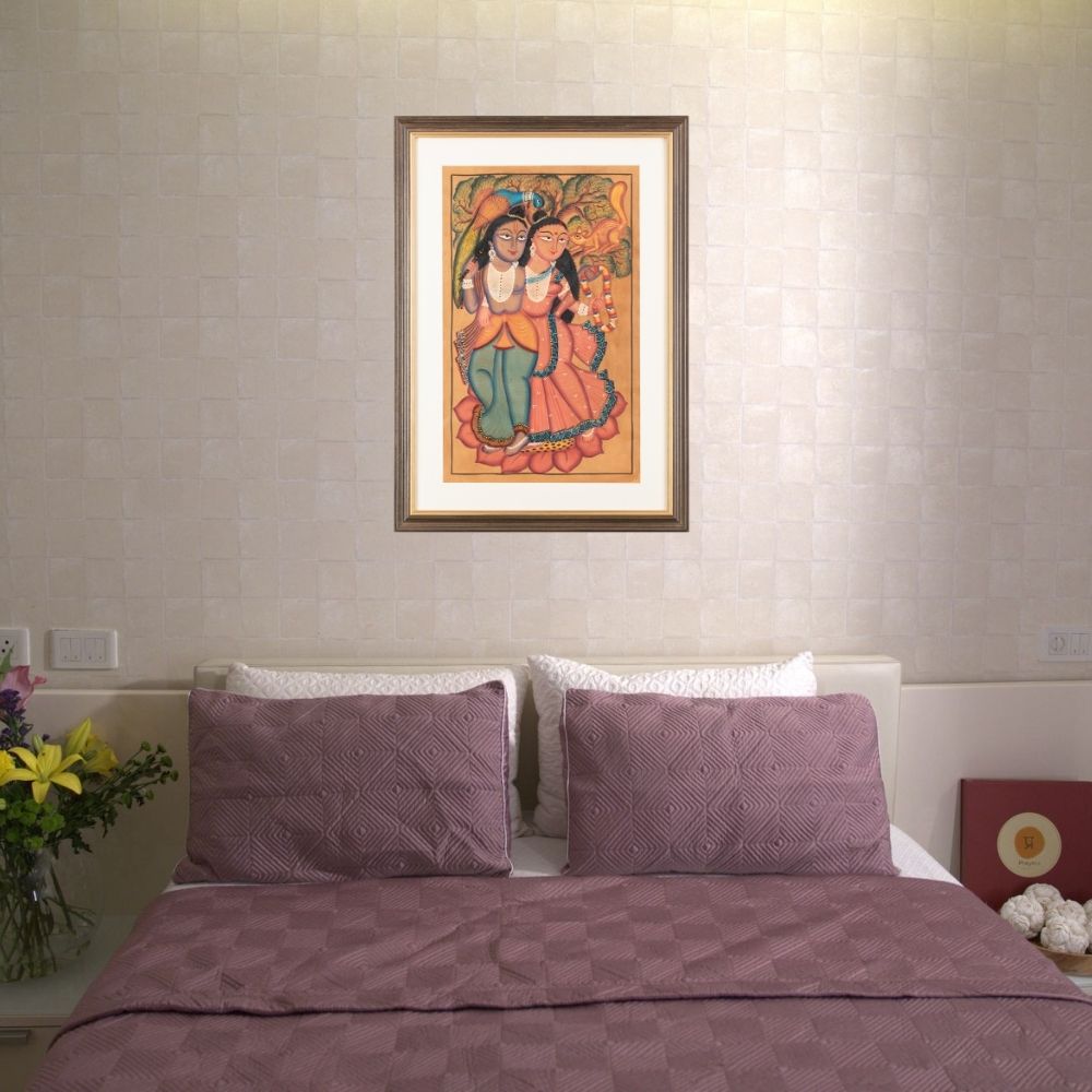 Traditional Kalighat Folk Art Painting | 28 x 20 Inch | Radha Krishna Design A