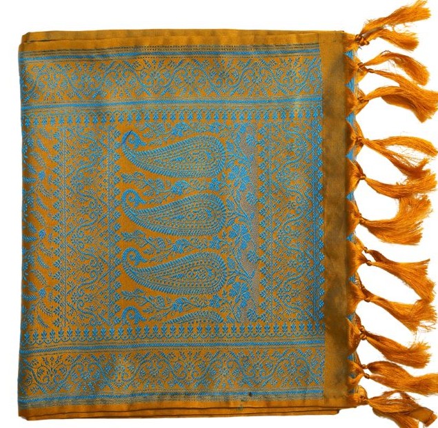 Handwoven Silk Men’s Scarf with Tassels – Golden Teal Floral  Design