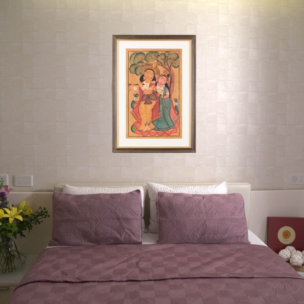 Traditional Kalighat Folk Art Painting | 28 x 20 Inch | Radha Krishna Design B