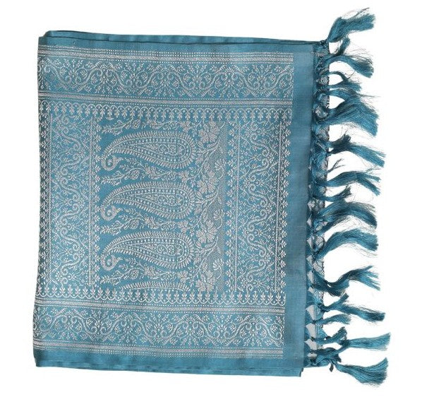 Blue Silver Leaf Design Silk Scarf
