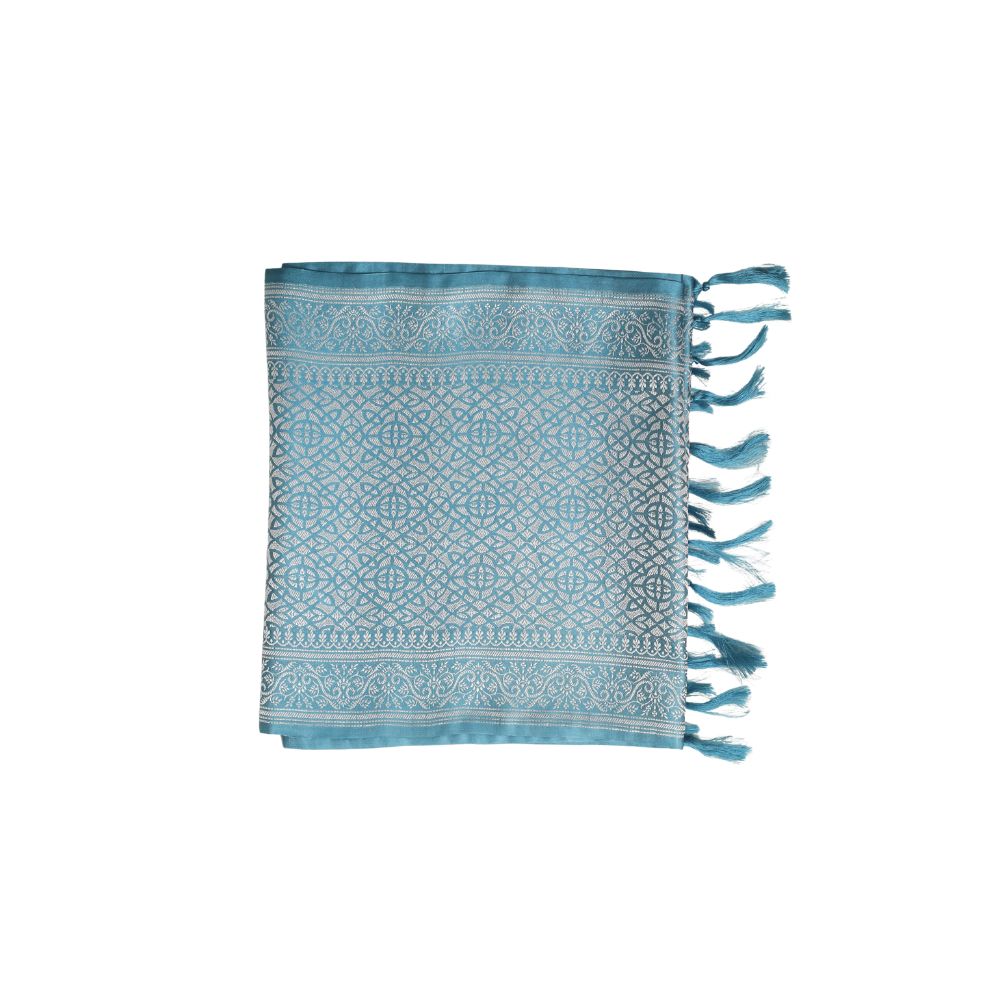Blue Silver Leaf Design Silk Scarf