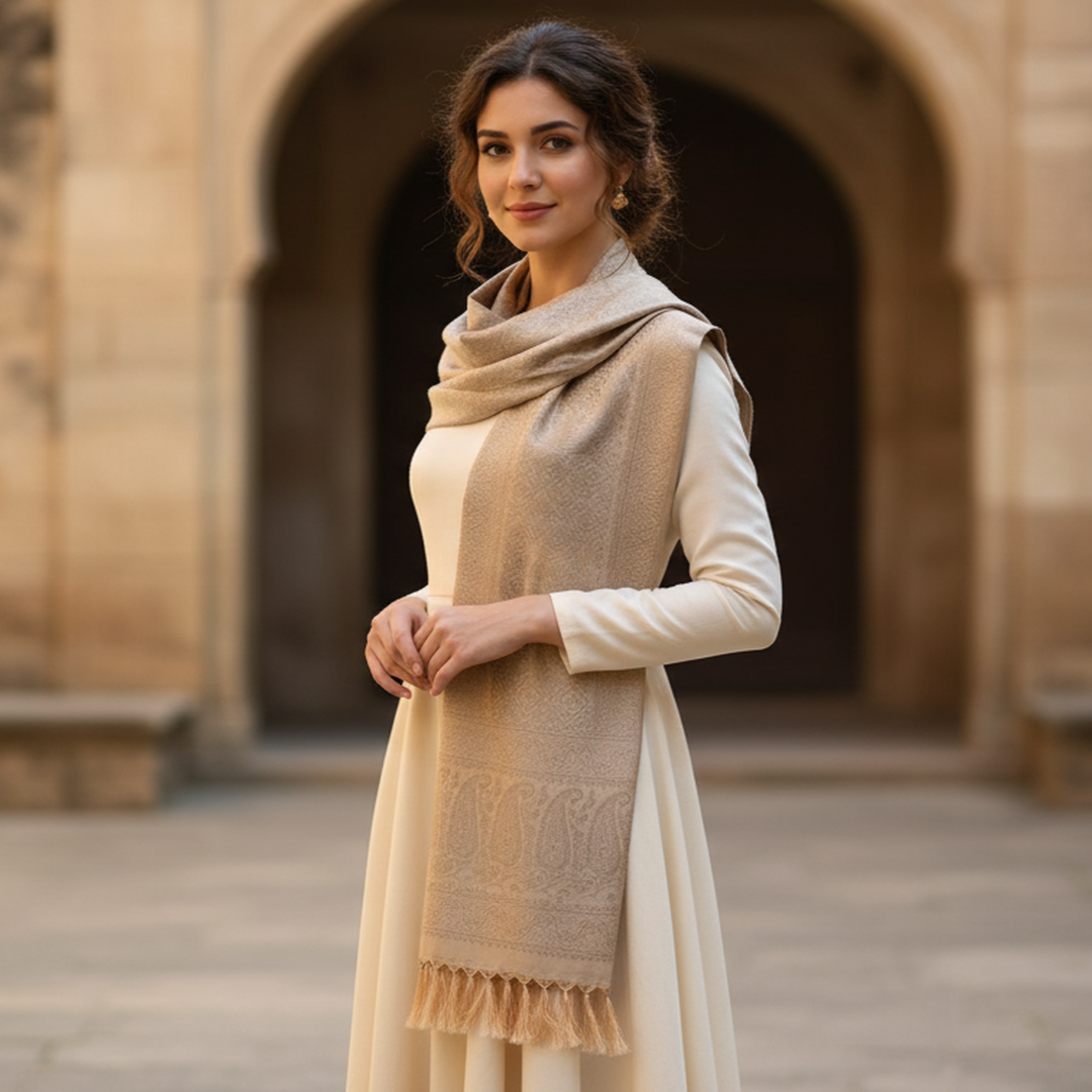 Ivory Brown Mist Leaf Design Silk Stole