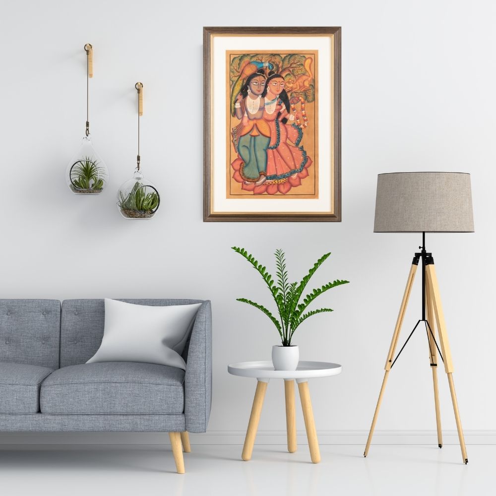 Traditional Kalighat Folk Art Painting | 28 x 20 Inch | Radha Krishna Design A
