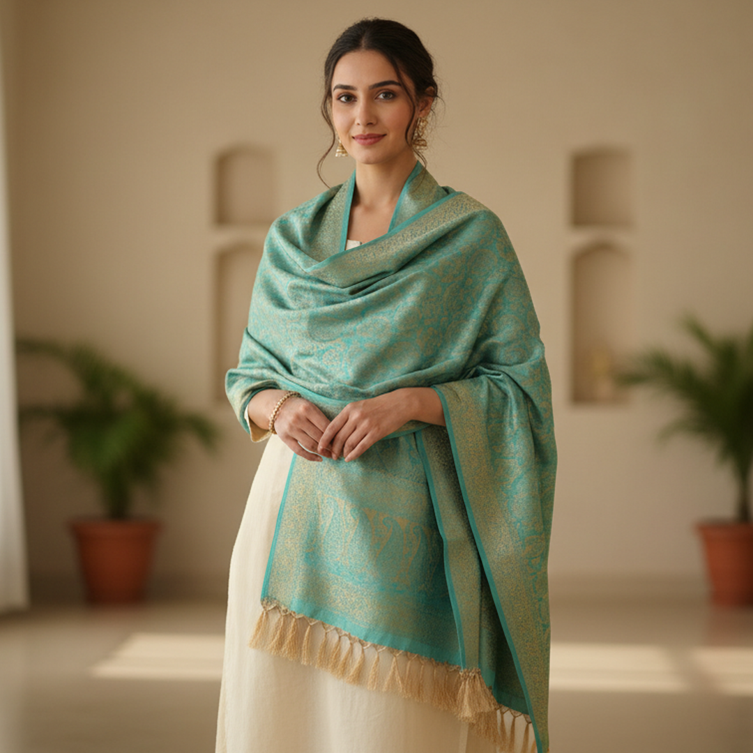 Minted Teal Weave Leaf Silk Stole