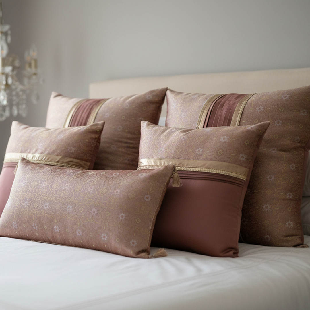 Dusky Rose Dhera Floral Silk Brocade Bed Set Cusion Covers