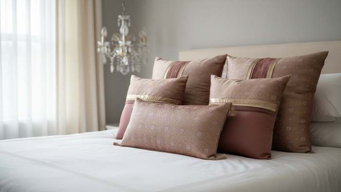 DUSTY ROSE SILK BED SETS / SOFA CUSHIONS - CUSHION COVER | SILK BROCADE | DHERA FLORAL