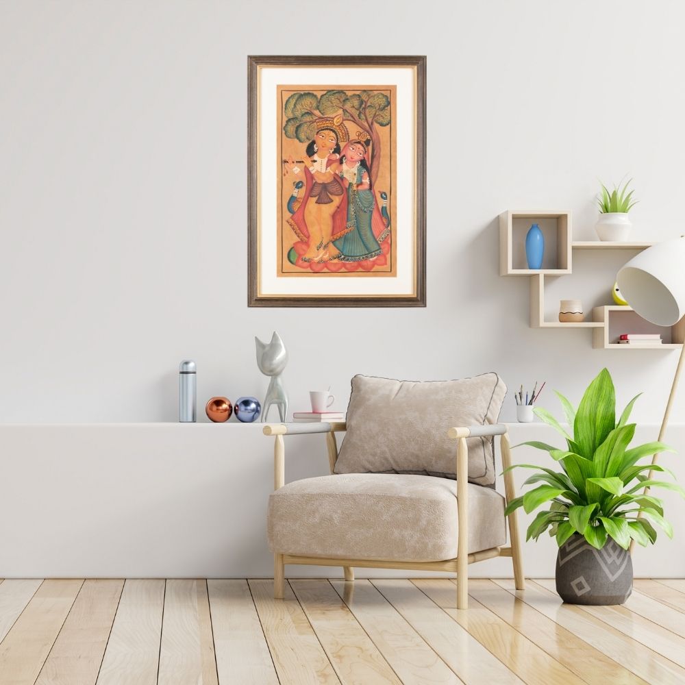 Traditional Kalighat Folk Art Painting | 28 x 20 Inch | Radha Krishna Design B