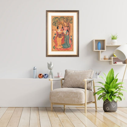 Traditional Kalighat Folk Art Painting | 28 x 20 Inch | Radha Krishna Design B