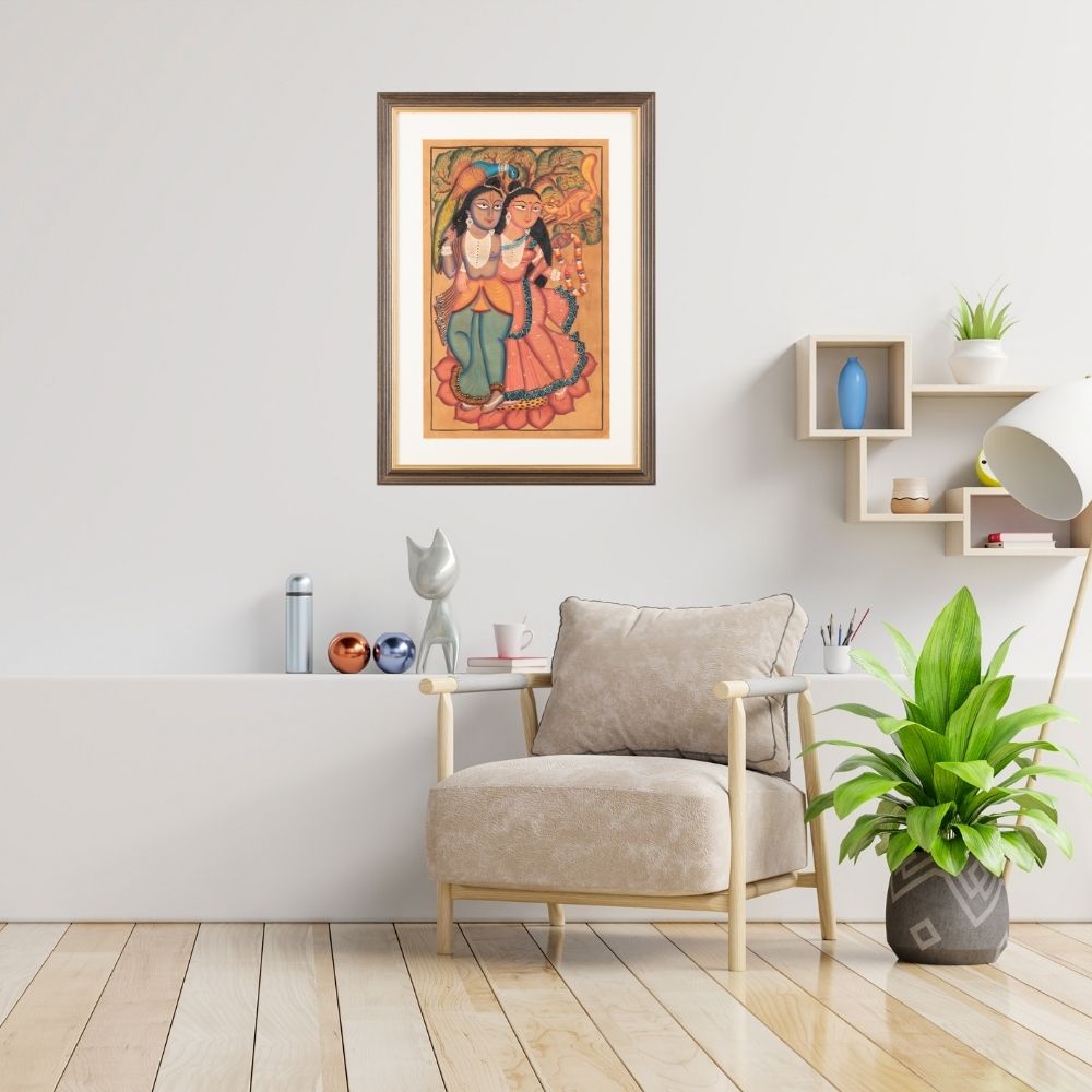 Traditional Kalighat Folk Art Painting | 28 x 20 Inch | Radha Krishna Design A