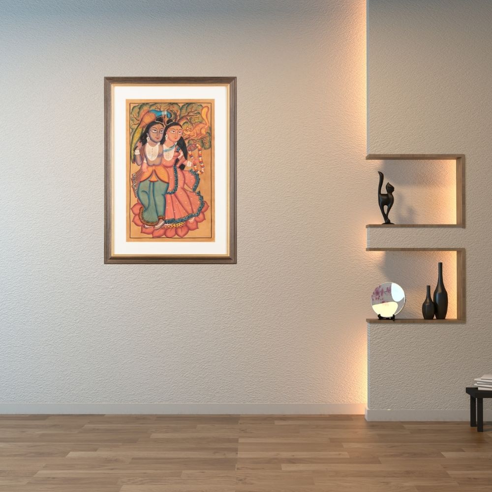Traditional Kalighat Folk Art Painting | 28 x 20 Inch | Radha Krishna Design A