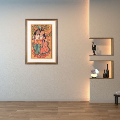 Traditional Kalighat Folk Art Painting | 28 x 20 Inch | Radha Krishna Design A