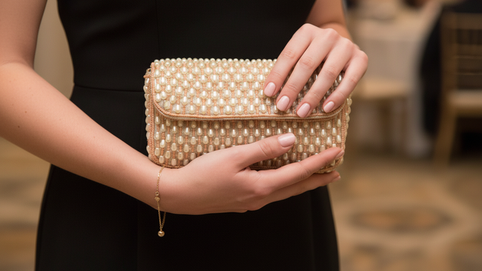 Handcrafted Golden Peach Pearl Beaded Clutch Purse for Women