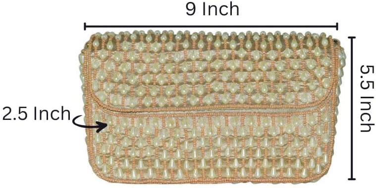 Handcrafted Golden Peach Pearl Beaded Clutch Purse for Women