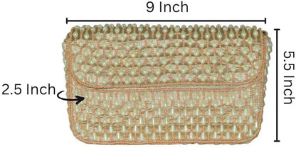 Handcrafted Golden Peach Pearl Beaded Clutch Purse for Women