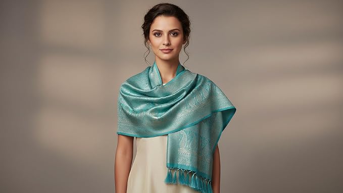 SILK STOLE - AQUA HERITAGE WEAVE LEAF DESIGN