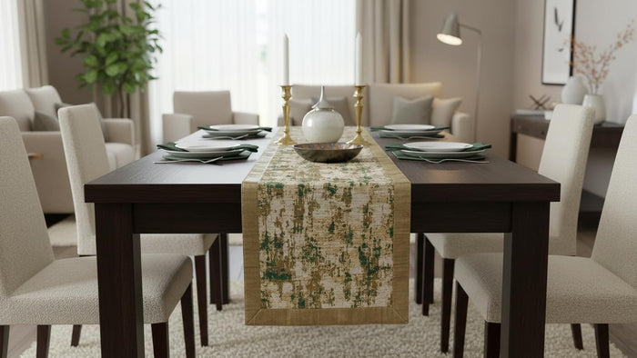Handcrafted Table Runner Beige & Rustic Green - Elegant & Designer Durable Runner