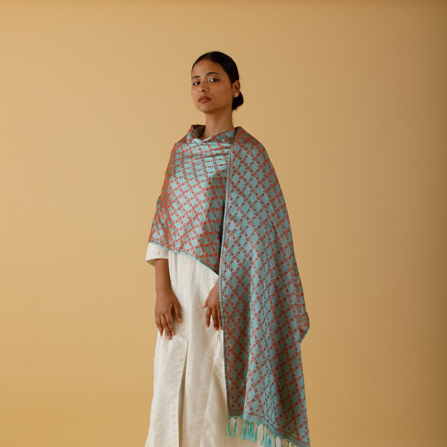 SILK STOLE - TURQUOISE GREEN & RED