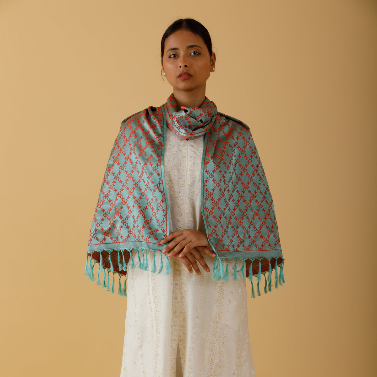 Turquoise Green & Red Silk Stole