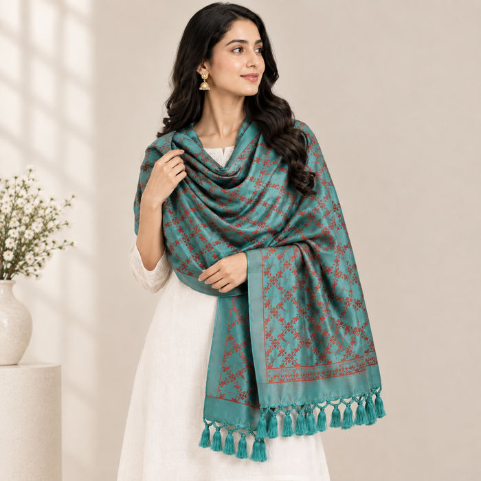 Turquoise Green & Red Silk Stole