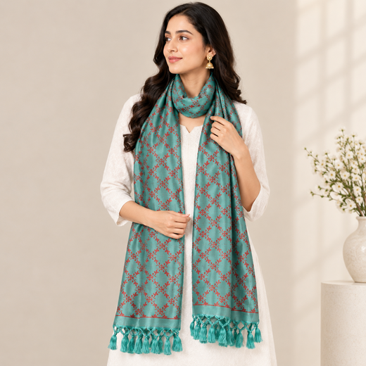 SILK STOLE - TURQUOISE GREEN & RED