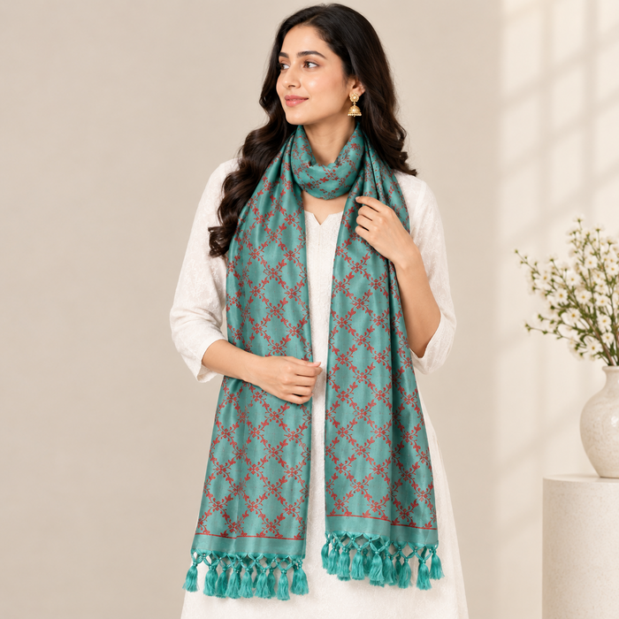 Turquoise Green & Red Silk Stole