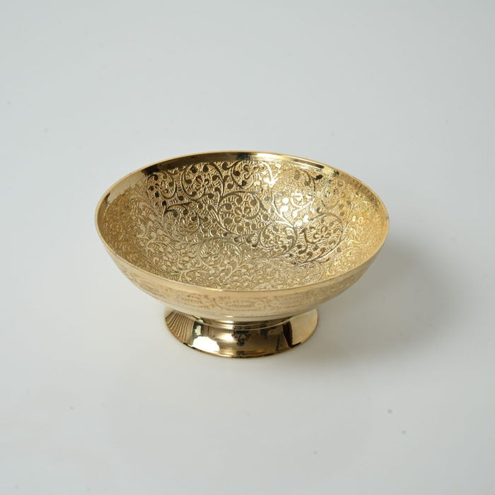 Handcrafted Brass Decorative Bowl with Engraved Floral Design & Pedestal Base Set of 2