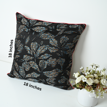 Floral-patterned pillow with measurements on a white background