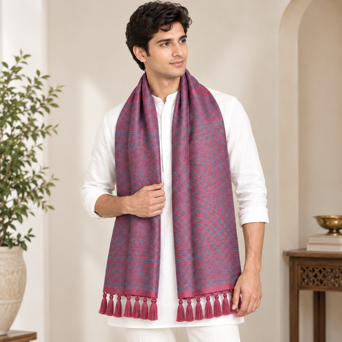Magenta & Blue Leaf Design Silk Scarf