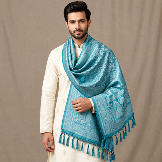 Blue Silver Leaf Design Silk Scarf