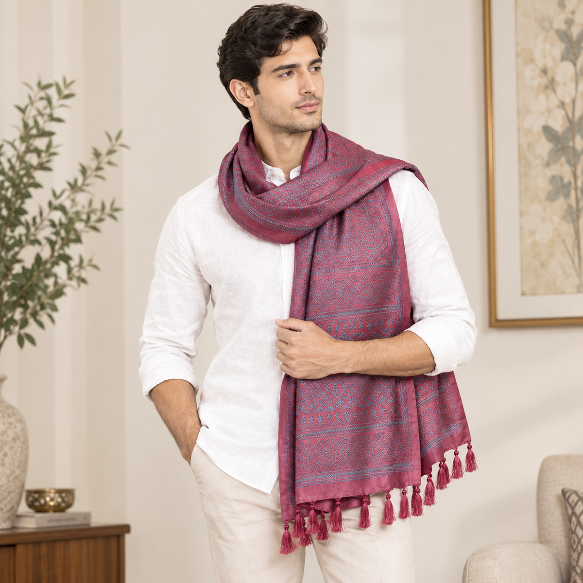 Magenta & Blue Leaf Design Silk Scarf