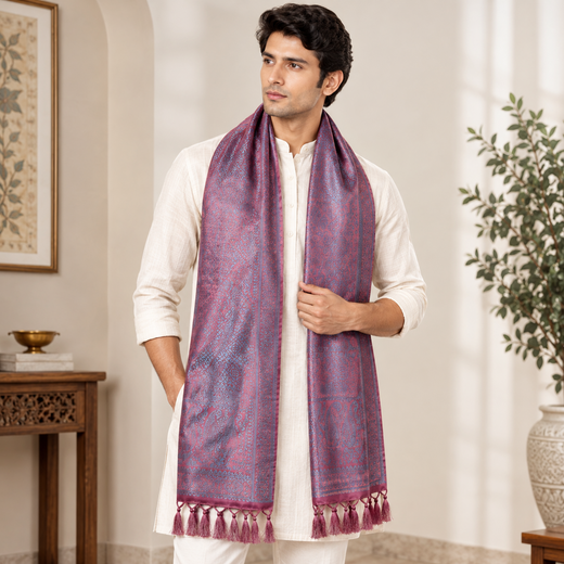 Magenta & Blue Leaf Design Silk Scarf