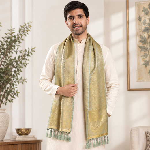 Grey & Gold Leaf Design Silk Men's Scarf