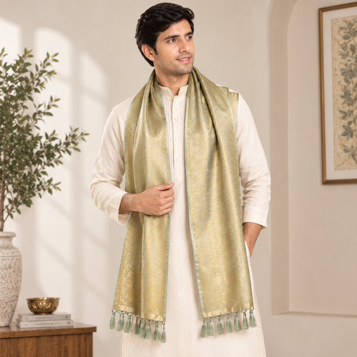 Grey & Gold Leaf Design Silk Men's Scarf
