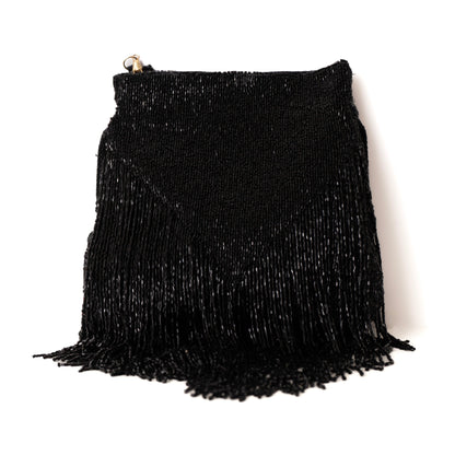 Black fringe bag on a white background