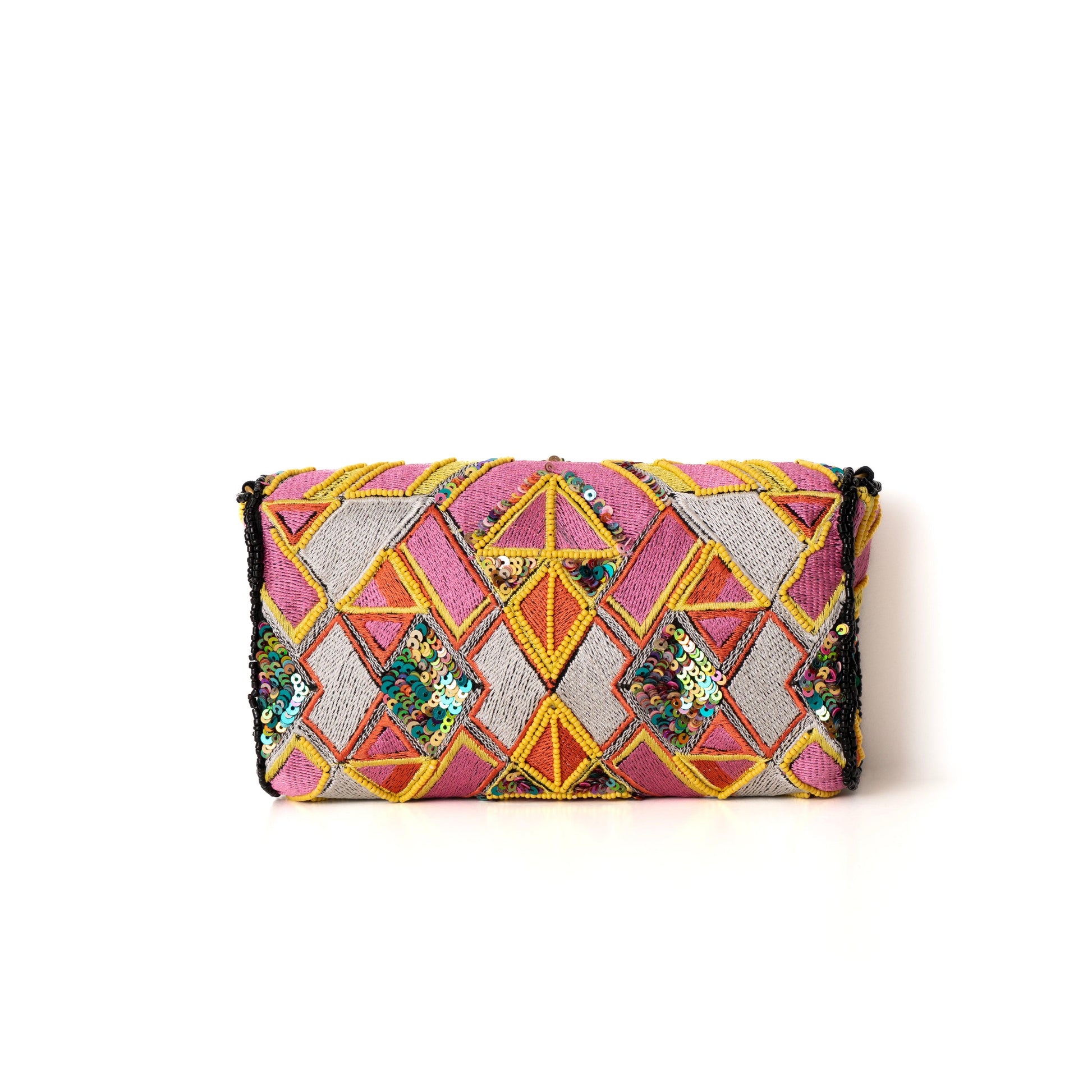Colorful geometric patterned clutch bag on a white background