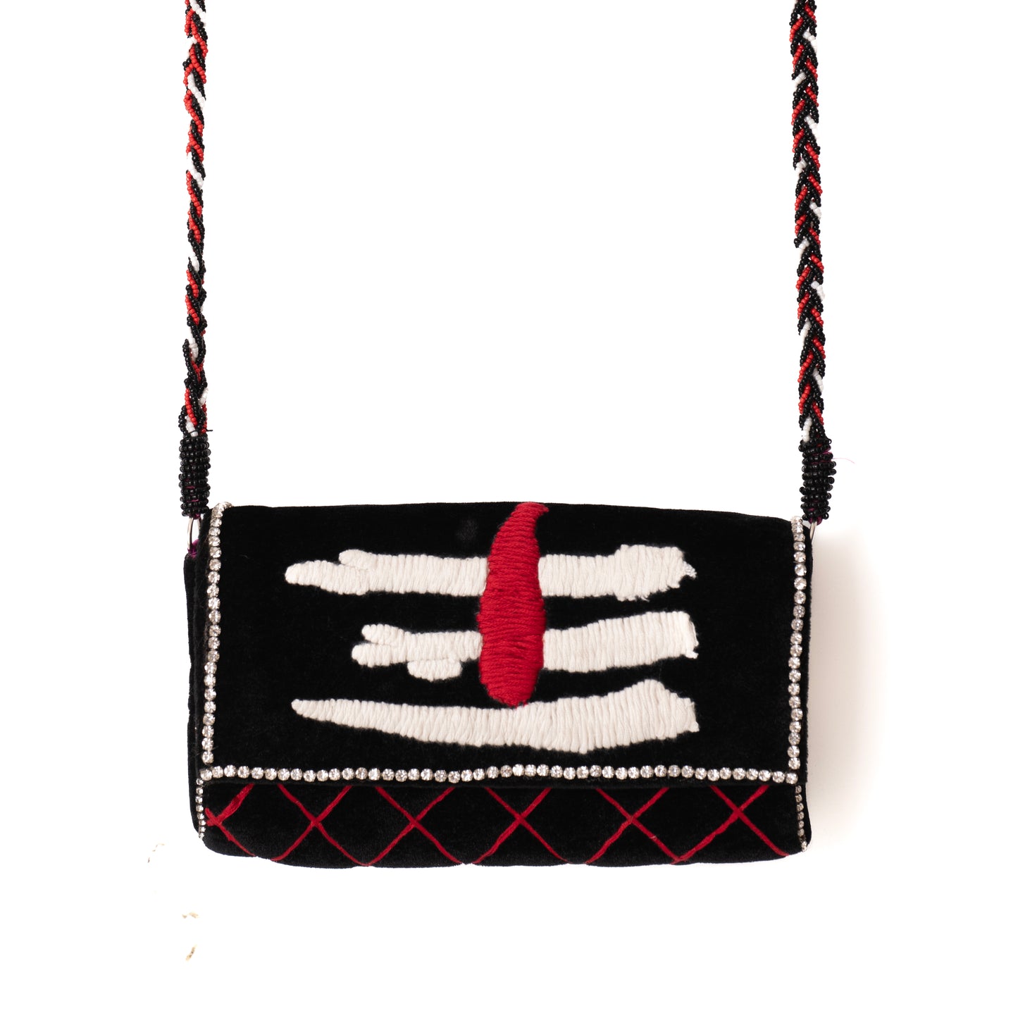 Black handbag with white patterns and a red accent on a white background