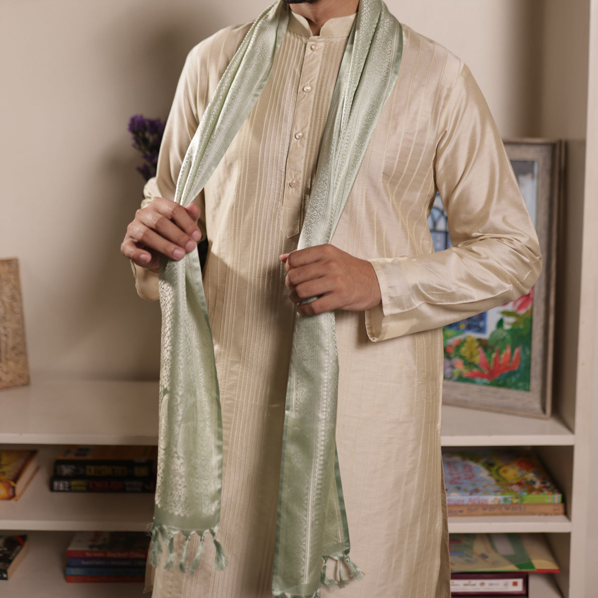 Pista Green Leaf Design Silk Men's Scarf