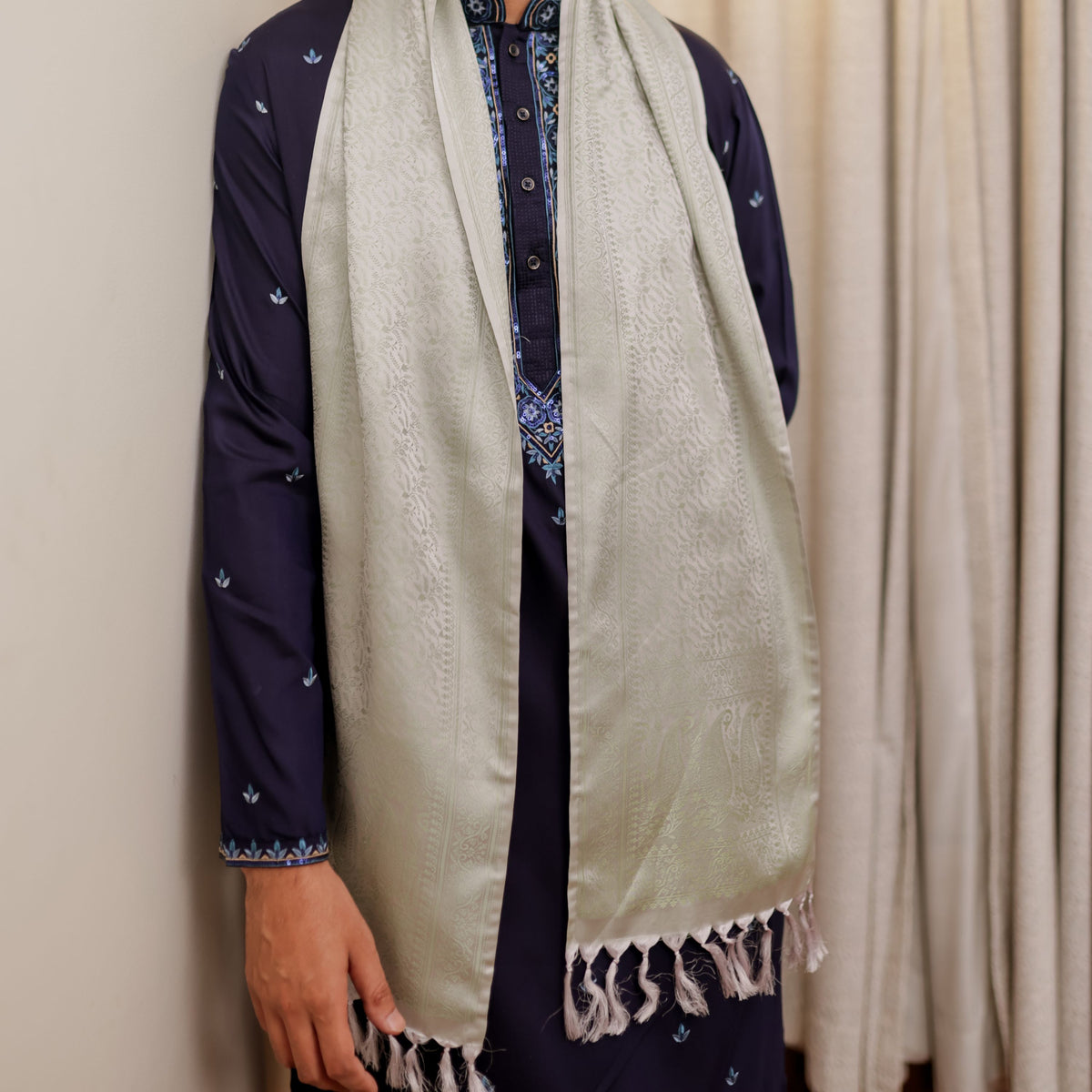 Light Pista Green Floral Design Silk Men’s Scarf